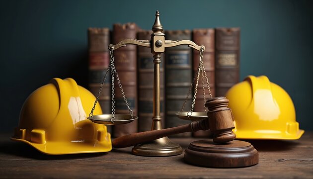 Gavel, scales, hard hats, law books, represent construction site liability, safety rules, legal compliance. Illustration shows law in construction industry, labor rights, workplace accidents, justice.