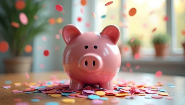 Pink piggy bank sits on wooden table. Colorful confetti falls around, piles up on surface. Image money savings, financial success. Represents wealth creation, investment growth, prosperous future.