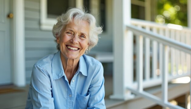 Happy senior woman with grey hair sits on house porch steps. Cheerful old lady with beautiful smile relaxes outdoors. Mature female enjoys a peaceful sunny day near her home.