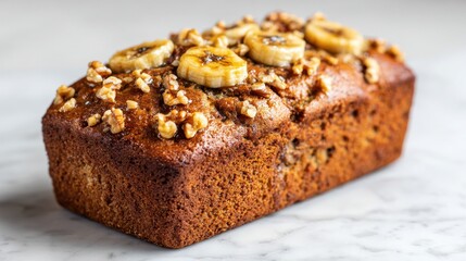 Stunning photo of freshly baked banana bread with walnuts on a white background.