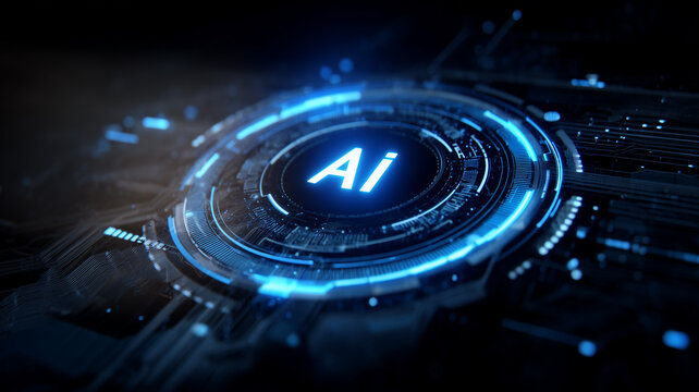 A futuristic AI interface ring over electronic circuitry, representing intelligent platforms, automation dashboards, and human machine collaboration across enterprise workflows.
