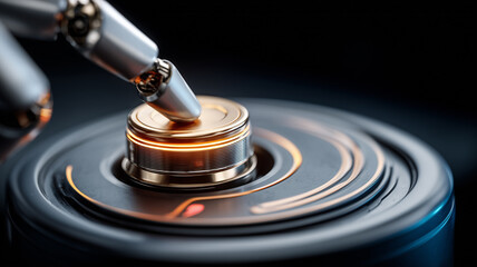 Robotic actuator pressing a control button to initiate production, conveying precision engineering, safety, and automated efficiency.
