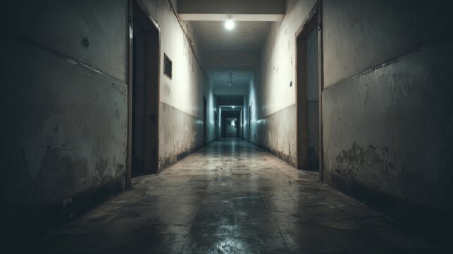 Stunning photo of creepy dark corridor in abandoned hospital, scary underground passage in old building, concept of horror, hallway.