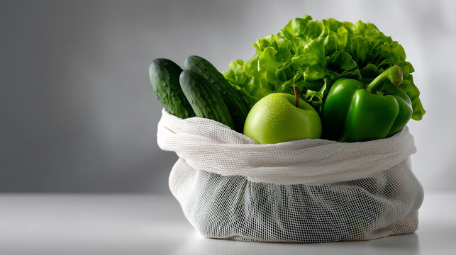 A reusable mesh shopping bag filled with fresh green vegetables and fruits on a white background. Inside the eco-friendly cotton net bag are cucumbers, lettuce, green bell pepper,