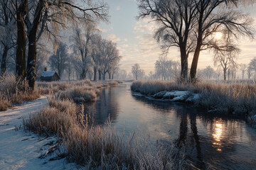 Serene winter landscape with river and snow-covered trees at sunrise