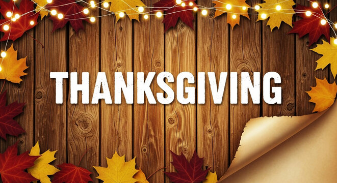Autumnal wood background with festive lights and leaves thanksgiving rustic - Powered by Adobe