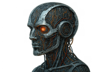 Cyborg head with glowing orange eye, intricate bionic circuits, and exposed wiring, symbolizing artificial intelligence future and robotics. Transparent background