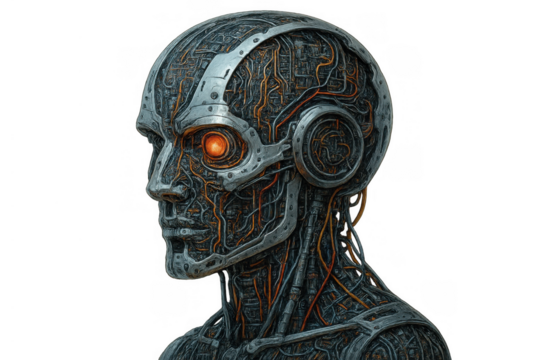 Cyborg head with glowing orange eye, intricate bionic circuits, and exposed wiring, symbolizing artificial intelligence future and robotics. Transparent background
