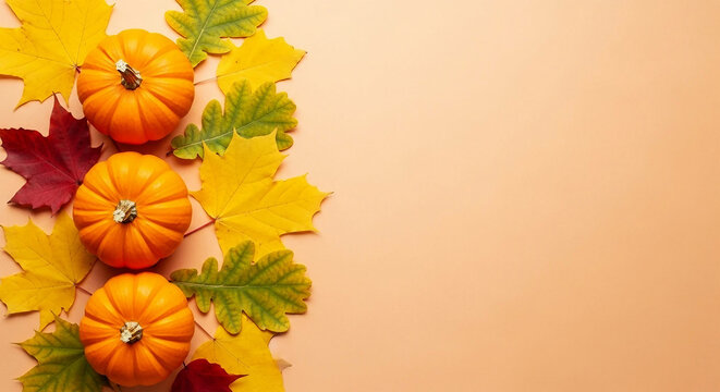 Miniature pumpkins and autumn leaves arranged on a peach background fall gourds