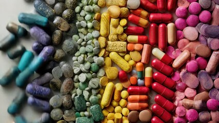 Diverse collection of pills and tablets arranged by color on a surface