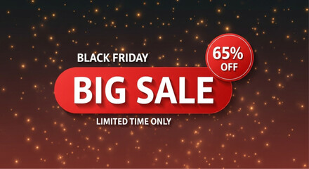 A vibrant and eye-catching advertisement, promoting a Big Sale event with a substantial 65% discount. Featuring prominent text, a bold red color scheme, and shimmering effects.  vector illustration
