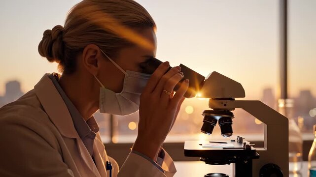 A woman examines a sample through a microscope, focusing intently as the sunset light streams into the laboratory. The microscope illuminates the details, enhancing her research ex