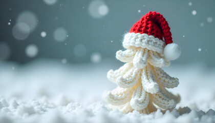 White crochet Christmas tree with a Santa Claus hat on top, placed on a solid snowy background with copy space. Minimalist, cozy handmade winter decoration, perfect for Christmas cards, banners, 3d, a