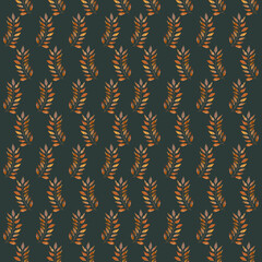 Seamless pattern with delicate watercolor branches in warm autumn tones on green background. Hand-painted mixed media foliage perfect for fabric, packaging, wallpaper, and seasonal design projects.