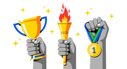 Hands holding a gold trophy, a torch with a flame, and a gold medal concept of victory, success, and achievement in sports or business