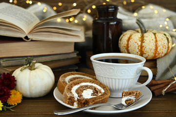 Pumpkin Spice Cake Roll with coffee