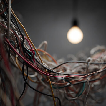 Tangled colorful wires under a softly glowing bulb. Represents complexity, chaos, or outdated technology. Evokes feelings of confusion, or a need for order.