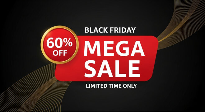 A dynamic and eye-catching advertisement, promoting a Black Friday Mega Sale with a bold 60% Off offer. A visual feast for potential customers! vector illustration
