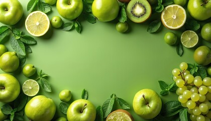 Collection of fresh green fruits arranged on a light green background. Includes apples, kiwi slices, lime wedges, and grapes with mint leaves. Perfect for healthy eating and diet themes.