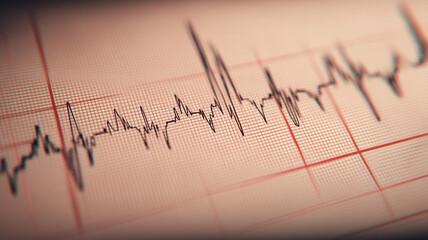 Electrocardiogram trace on clinical paper representing cardiac monitoring and diagnosis, symbolizing healthcare assessment and medical reporting.