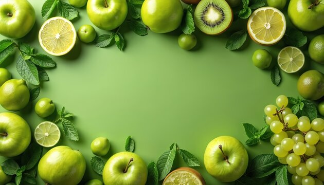 Collection of fresh green fruits arranged on a light green background. Includes apples, kiwi slices, lime wedges, and grapes with mint leaves. Perfect for healthy eating and diet themes.
