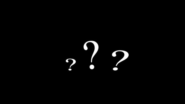 Animated white question mark icon on black screen background. question mark floating, moving question marks questioning for motion graphic effects. question mark confused dizzy. 4K video alpha looping