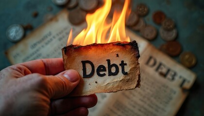 Man hand holds burning paper with word Debt. Person setting fire to financial document representing loan agreement. Concept of freedom from bankruptcy crisis, paying off credit. Old coins, papers on