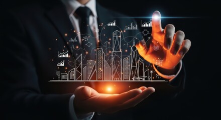 Businessman Interacting with Digital Holographic Cityscape Outline. Smart City Development, Urban Technology, and Future Business Planning.