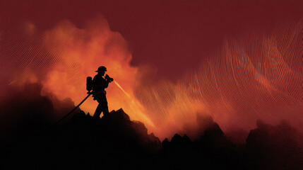 Fototapeta premium Silhouette of a firefighter battling a blaze, symbolizing courage, resilience, and danger. Perfect for emergency services, safety campaigns, or dramatic visuals.