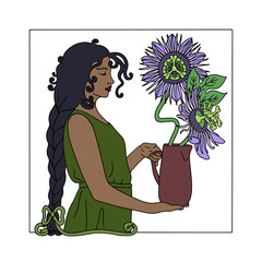 Vintage Art nouveau style long black hair woman holding flower pot with purple passiflora