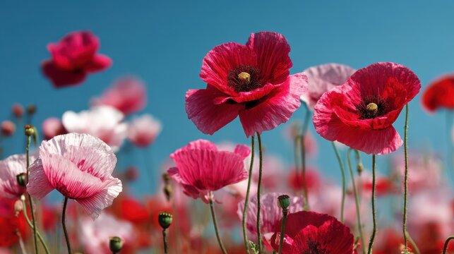 Stunning photo of field of vibrant red and pink poppies blooming under a clear blue sky.