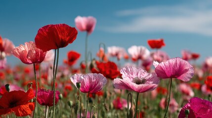 Stunning photo of field of vibrant red and pink poppies blooming under a clear blue sky.