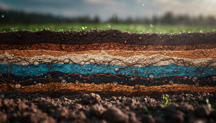 Cross-section of soil layers showing distinct strata, including organic topsoil, subsoil, and a water table with visible roots.