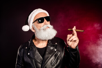 Modern santa rocker with leather jacket and cigar in a festive christmas scene bold cool