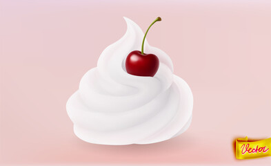 Realistic whipped cream swirl with cherry on top. Delicious dessert design for pastry, bakery, cafe menu, sweets packaging, and food decoration