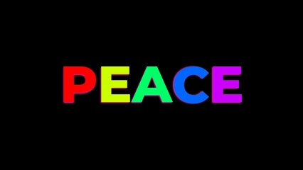 PEACE words with rainbow colored letters on a black background