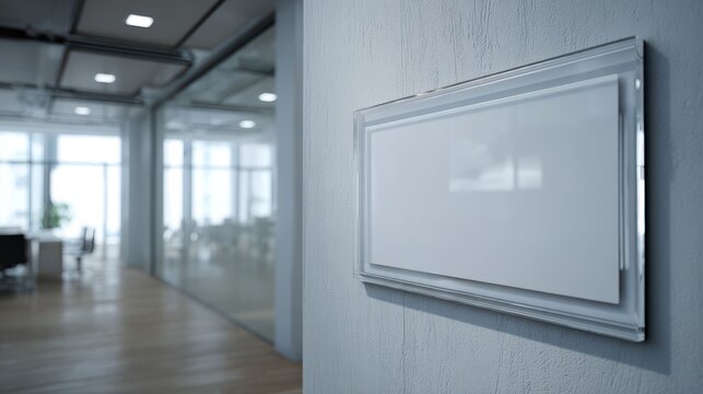 Stunning photo of mock up of a blank glass nameplate design is shown in this 3D rendering. The signplate is mounted on the wall near the interior door of the office.