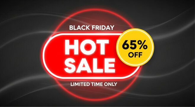 Black Friday Hot Sale with 65% off, a radiant marketing design that is tailored to grab attention, designed with vivid typography and a clear message. vector illustration