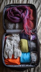 Top-Down View of Winter Travel Bag with Essentials for Cold Weather