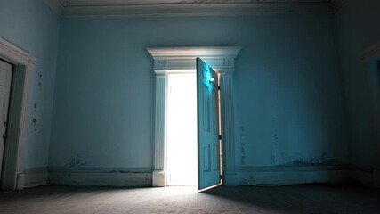 Door illuminated with blue light in darkened room creates mysterious atmosphere at night