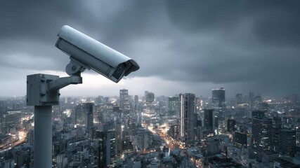 Surveillance camera watches over city skyline under dark clouds during twilight hours - Powered by Adobe