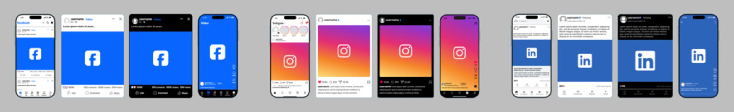 Instagram Facebook LinkedIn UI mockup with feed layout, posts, stories, reels, messages, profile sections, and modern professional social media interface vector illustration