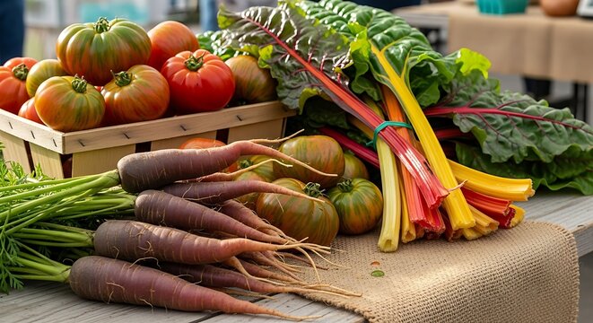 Assortment of Freshly Harvested Vegetables Including Carrots Tomatoes and Chard Keywords: vegetables, fresh, harvest, carrots, tomatoes, chard, rainbow chard - Powered by Adobe