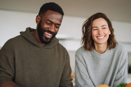 A laughing couple. Authentic, joyous moment shared in natural light. Represents togetherness, modern relationships, healthy lifestyle, genuine happiness, and love.