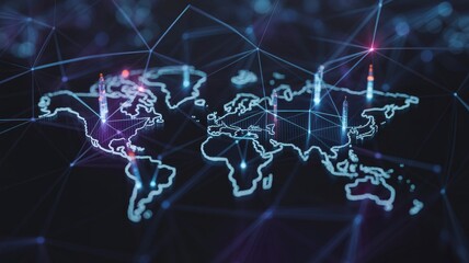 Global Business Network with Data Flow. world map outlines or tiny holographic cities are subtly integrated into the network. Streaks of light or data flow between nodes. Represents global business