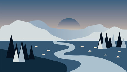 Winter landscape with mountains and river