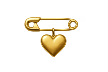 Gold safety pin holding heart charm jewelry