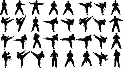 Karate fighter silhouettes practicing martial arts kicks and poses, combat sport training vector illustration, self defense concept, isolated black design background