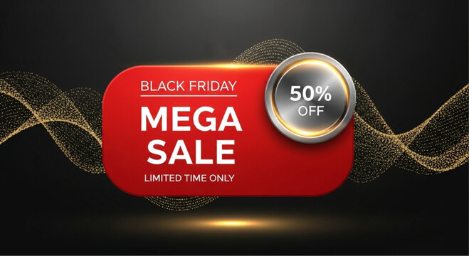 A captivating Black Friday Mega Sale design with striking red and golden elements, emphasizing a limited-time opportunity to enjoy incredible savings.  vector illustration