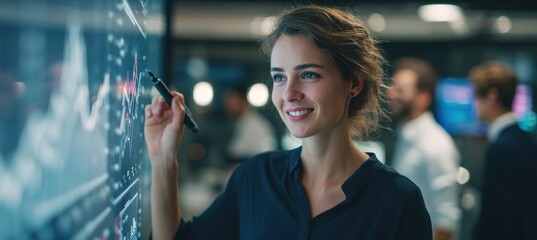 Businesswoman Presenting Data on Digital Whiteboard in Modern Office